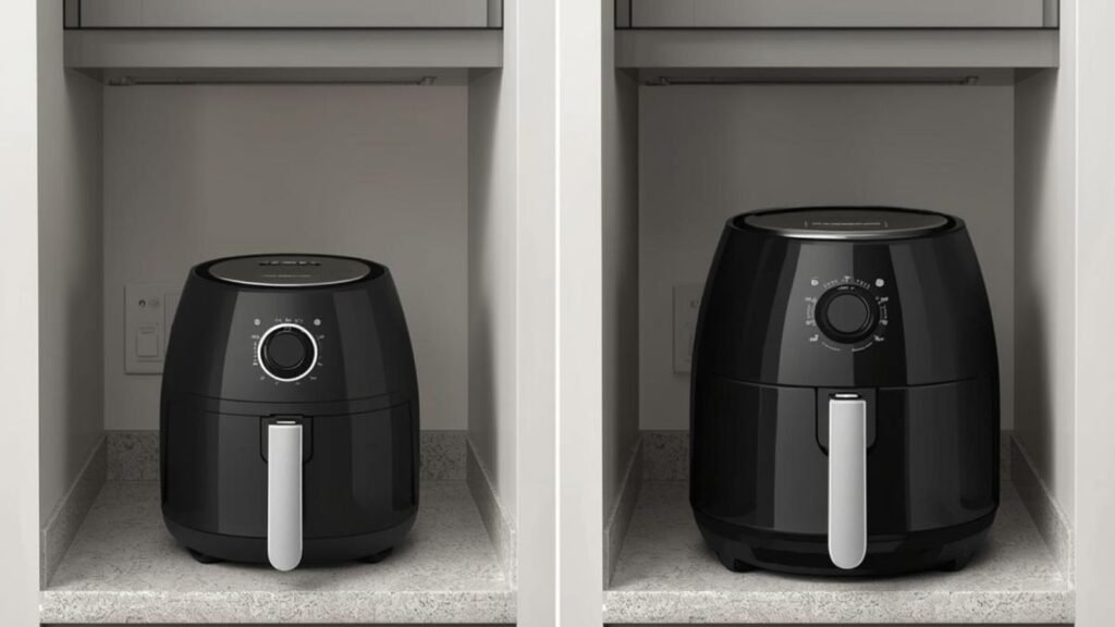 Compact versus bulky air fryer footprint on a small kitchen counter
