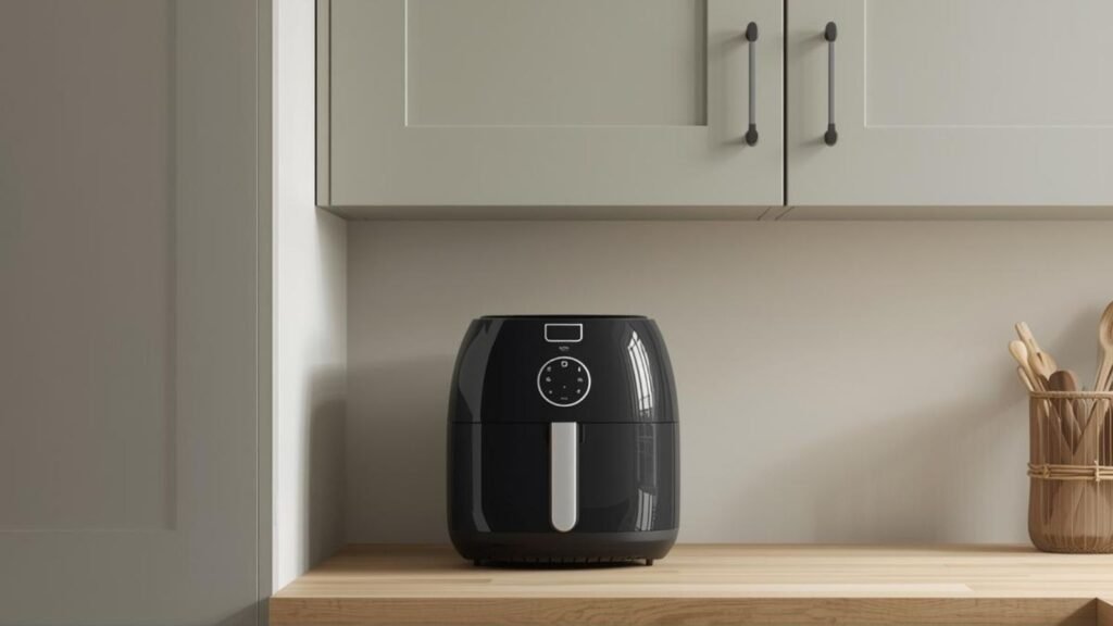 Air fryer positioned under kitchen wall cabinets showing height clearance