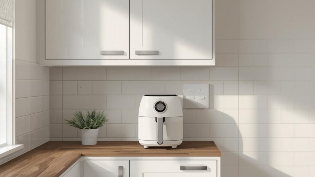 Compact air fryer on a small UK kitchen worktop under wall cabinets