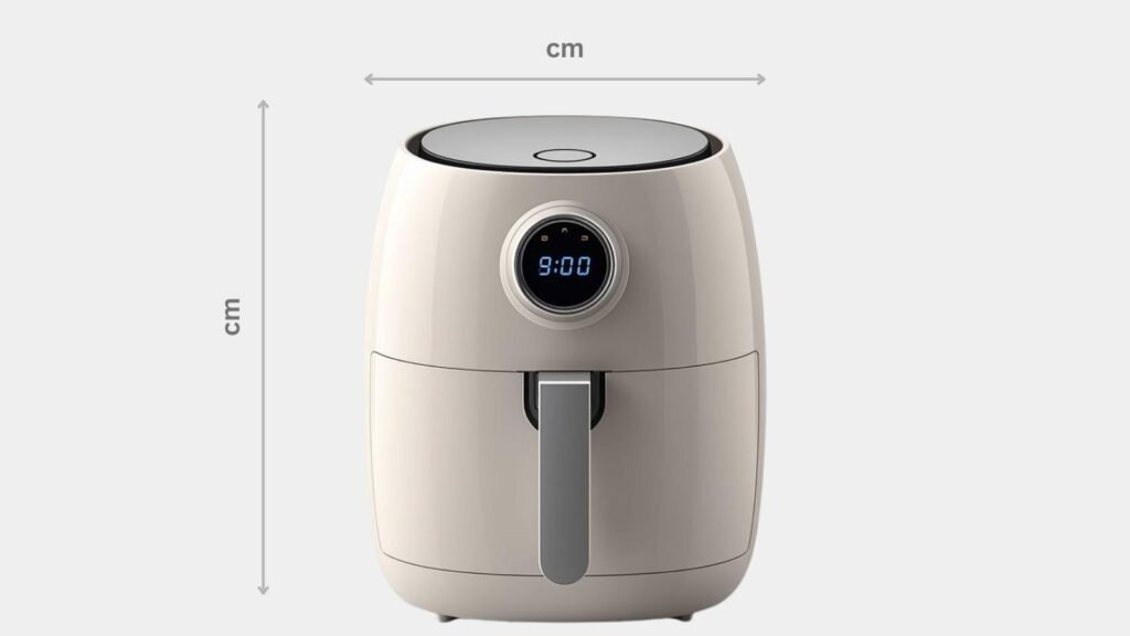 Air fryer dimensions showing width, depth, and height