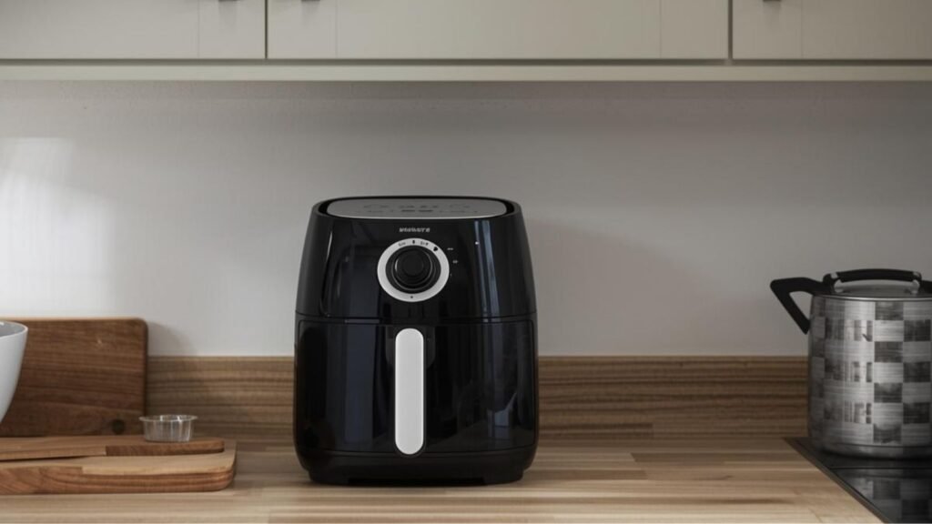 Air fryer positioned under kitchen wall cabinets showing limited clearance