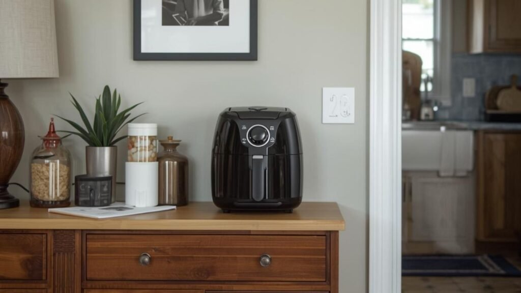 Compact air fryer stored on a sideboard outside the kitchen