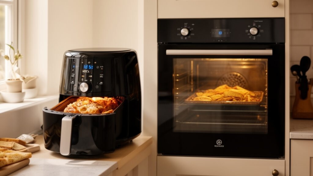 air fryer on kitchen worktop next to an oven