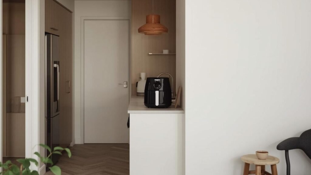 Compact air fryer in an open-plan flat kitchen