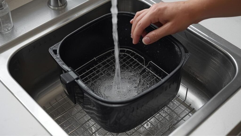 Air fryer basket in sink being cleaned