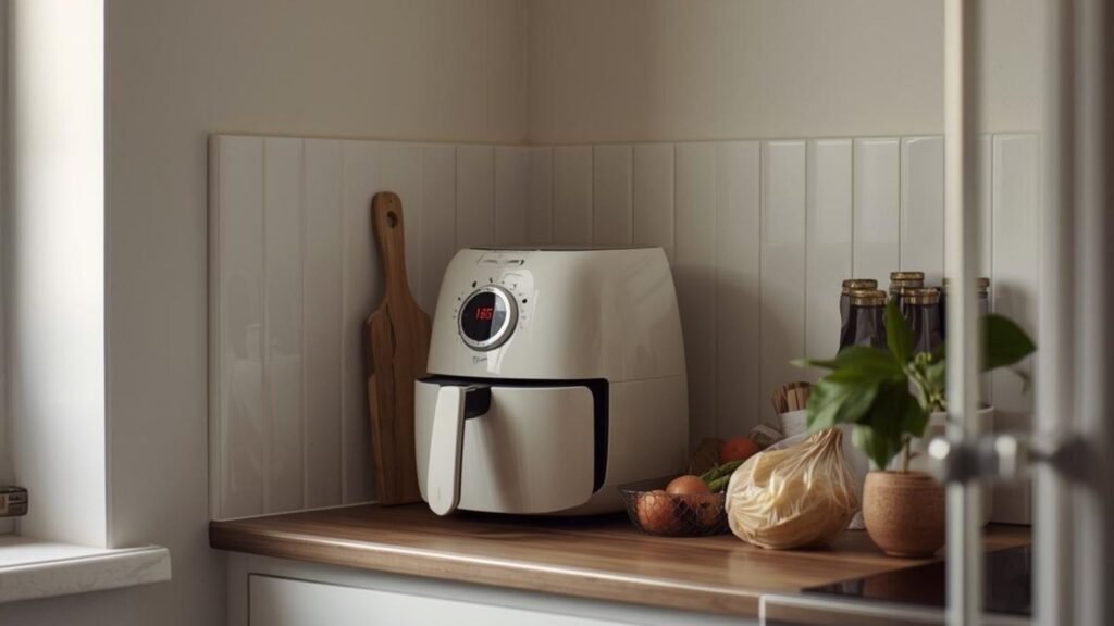 Compact air fryer on a small UK kitchen worktop