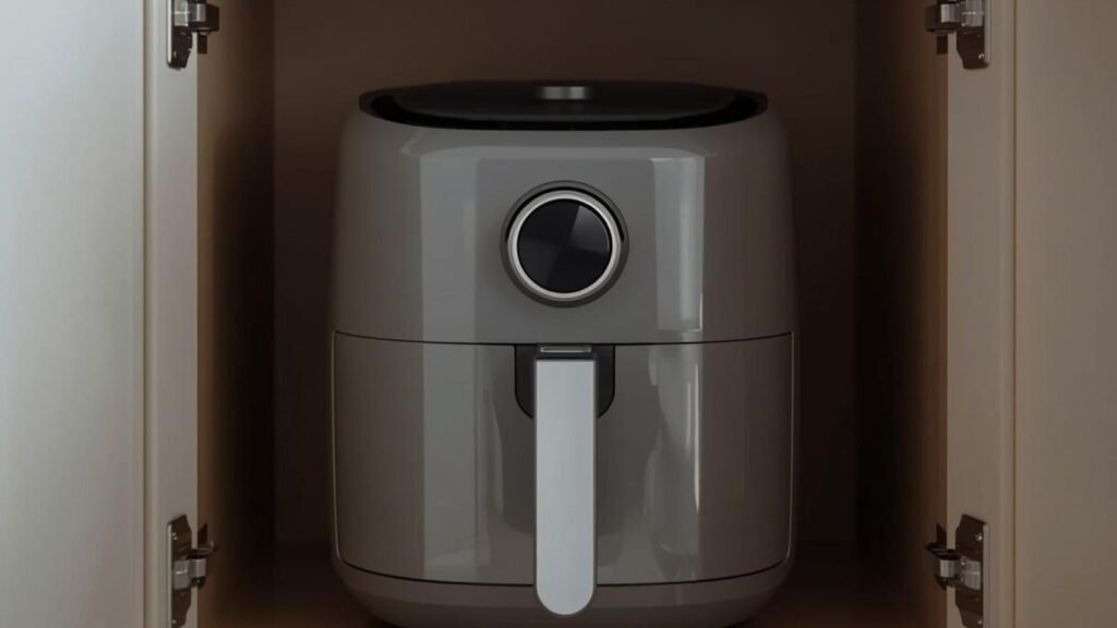 Compact air fryer stored inside a kitchen cupboard