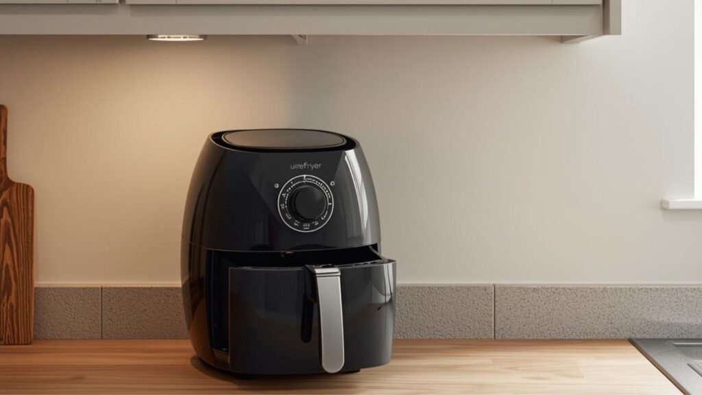 Air fryer under wall cabinets showing height clearance