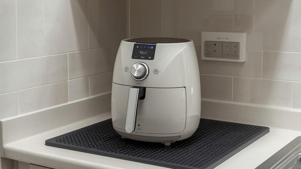 Air fryer placed on a vibration-reducing mat